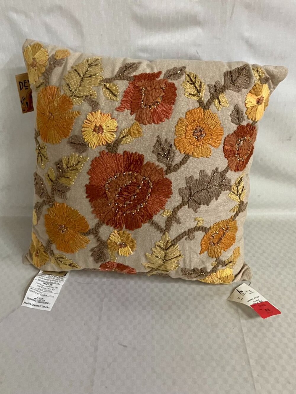 NWT Devi Designs Throw Pillow Unisex 15x15 Multicolor Floral Embroidered Cotton